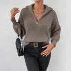 Women's Chunky Ribbed Half Zip Jumper with Wide Collar, Dark Brown, view 4