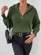 Women's Chunky Ribbed Half Zip Jumper with Wide Collar, Army Green, view 7