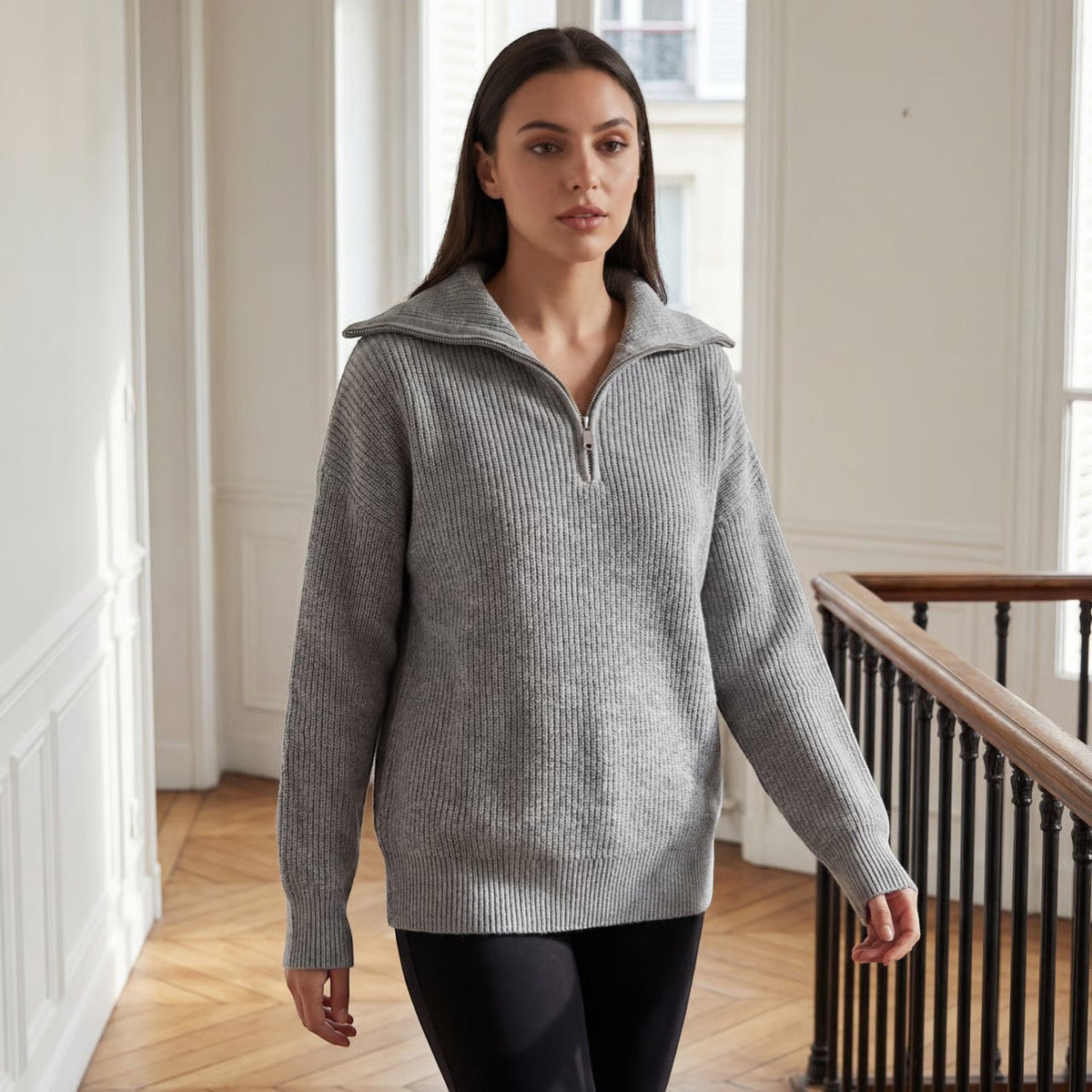 Women's Chunky Ribbed Jumper with Half-Zip Fold-Over Collar, view 1