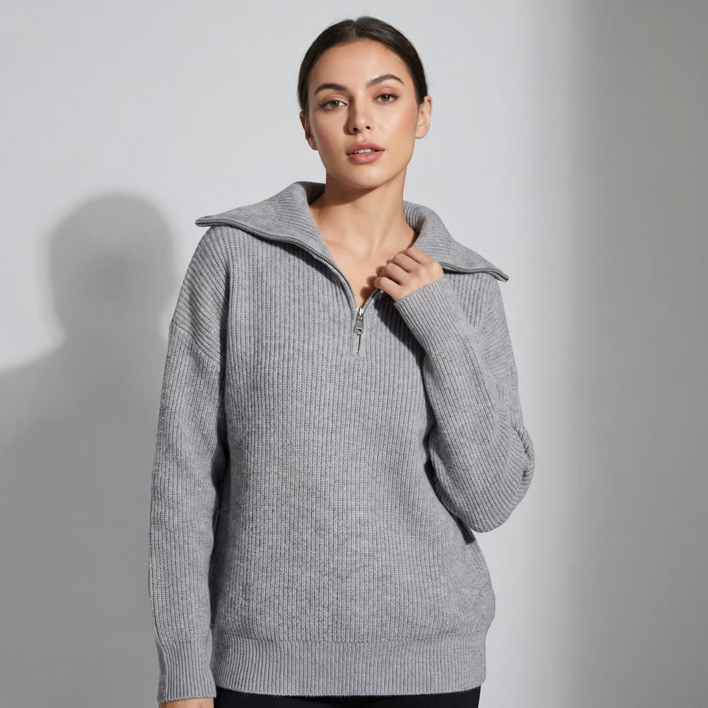 Women's Chunky Ribbed Jumper with Half-Zip Fold-Over Collar, Grey, view 2