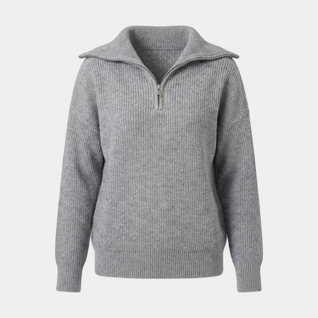 Women's Chunky Ribbed Jumper with Half-Zip Fold-Over Collar, view 3