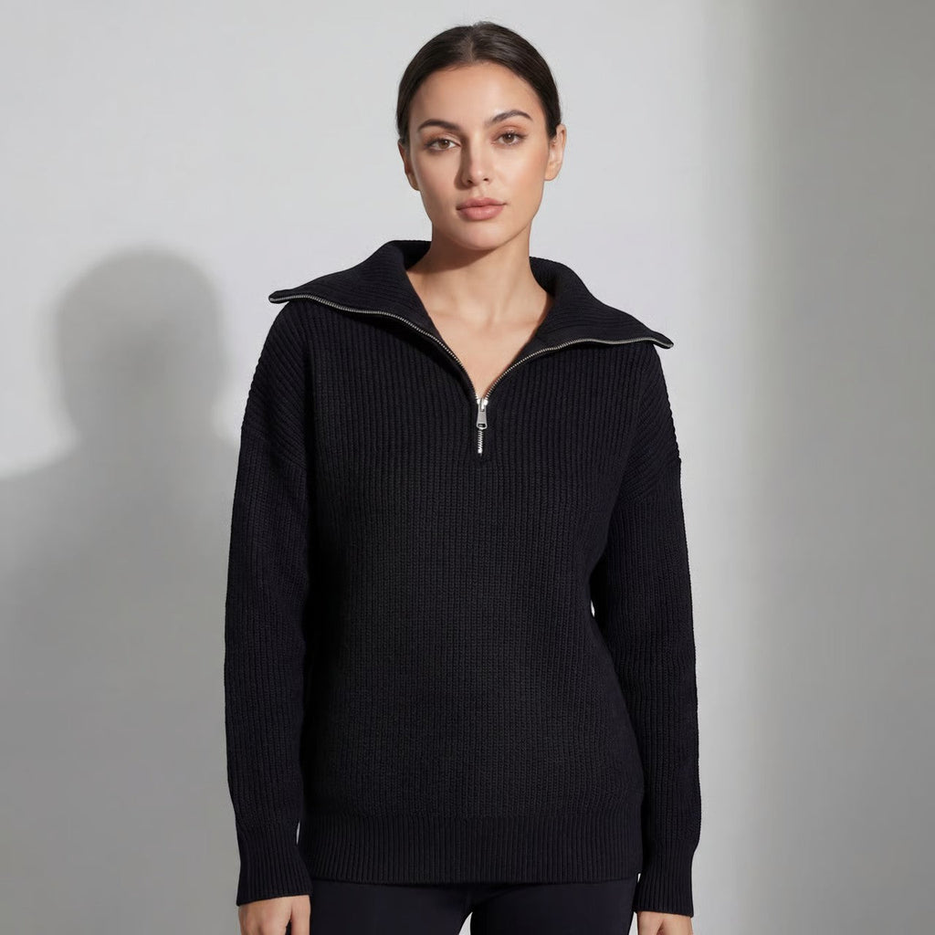 Women's Chunky Ribbed Jumper with Half-Zip Fold-Over Collar, Black, view 4