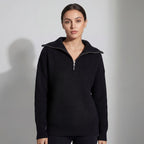 Women's Chunky Ribbed Jumper with Half-Zip Fold-Over Collar, Black, view 4