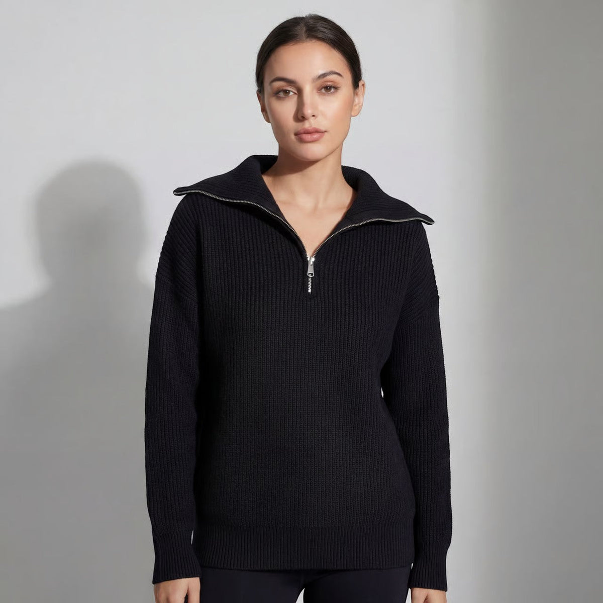 Women's Chunky Ribbed Jumper with Half-Zip Fold-Over Collar, Black, view 4