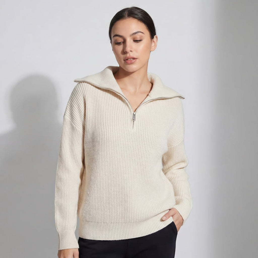 Women's Chunky Ribbed Jumper with Half-Zip Fold-Over Collar, Beige, view 5