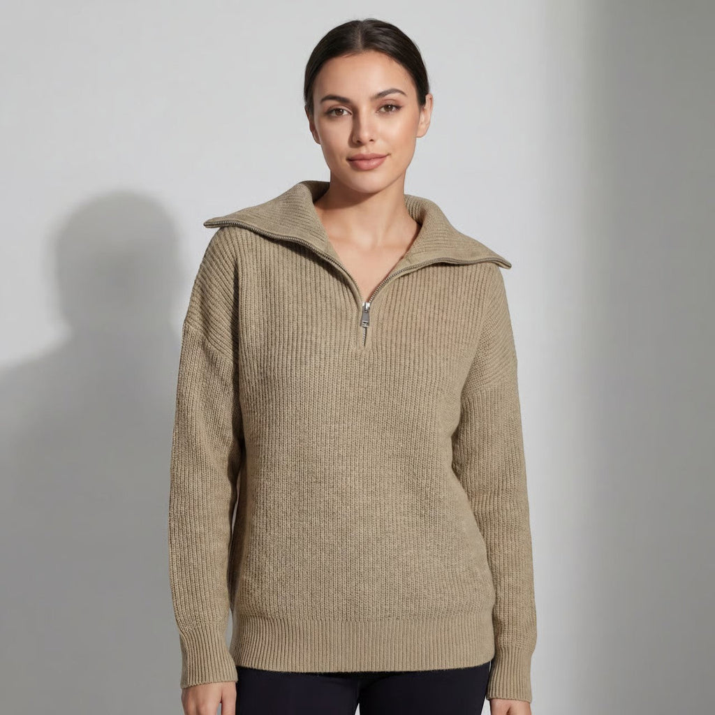 Women's Chunky Ribbed Jumper with Half-Zip Fold-Over Collar, Khaki, view 7