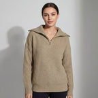 Women's Chunky Ribbed Jumper with Half-Zip Fold-Over Collar, Khaki, view 7