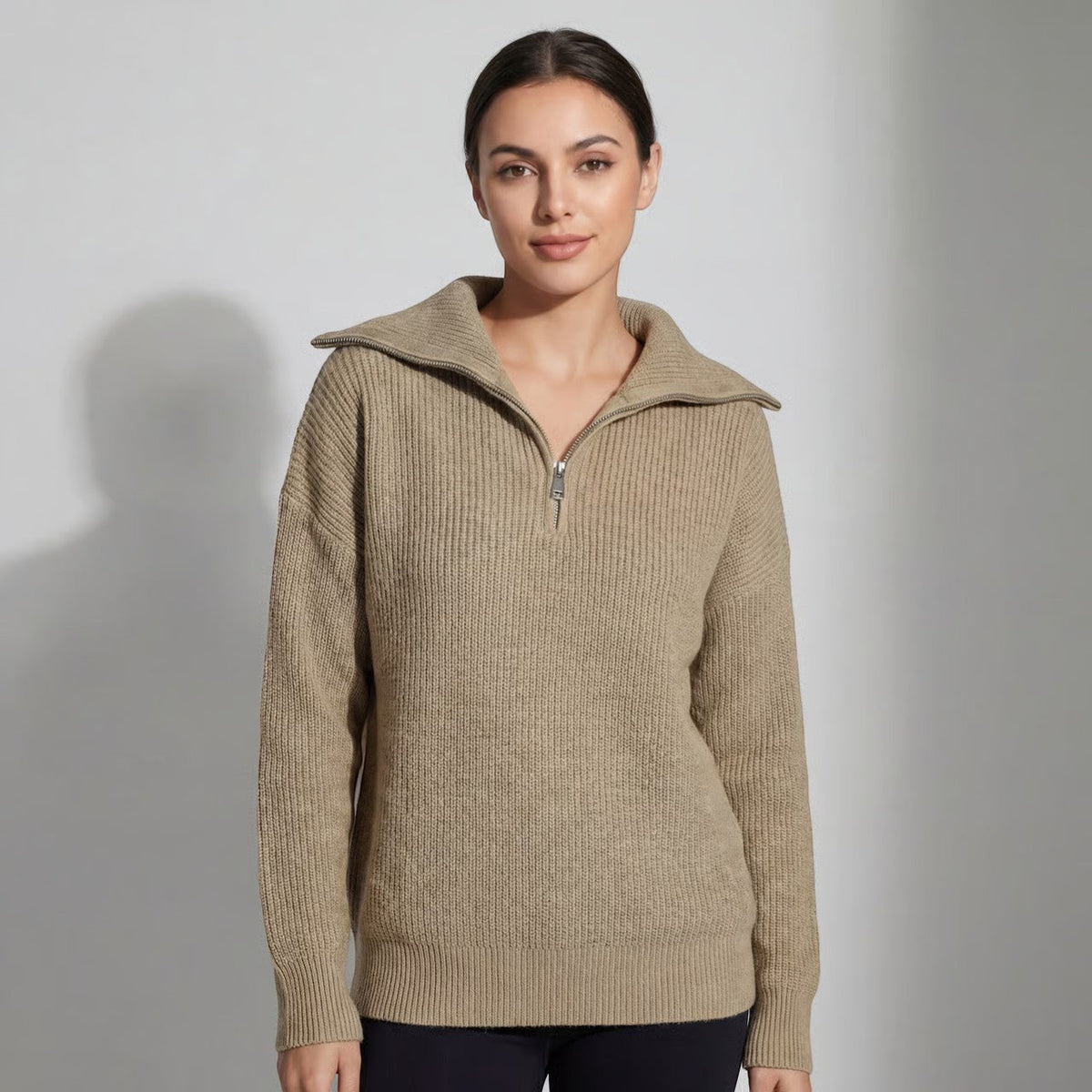 Women's Chunky Ribbed Jumper with Half-Zip Fold-Over Collar, Khaki, view 7
