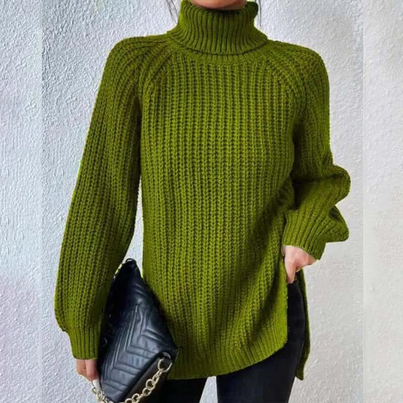 Women's Chunky Ribbed Turtleneck Jumper with Side Splits, Green, view 1