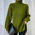 Women's Chunky Ribbed Turtleneck Jumper with Side Splits, Green, view 1