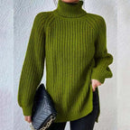 Women's Chunky Ribbed Turtleneck Jumper with Side Splits, Green, view 1