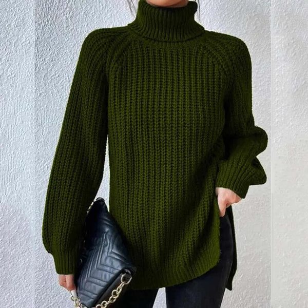 Women's Chunky Ribbed Turtleneck Jumper with Side Splits, Army Green, view 2
