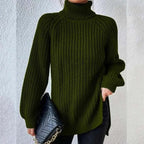 Women's Chunky Ribbed Turtleneck Jumper with Side Splits, Army Green, view 2