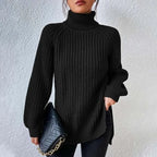 Women's Chunky Ribbed Turtleneck Jumper with Side Splits, Black, view 3