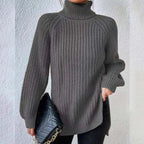 Women's Chunky Ribbed Turtleneck Jumper with Side Splits, Dark Grey, view 4