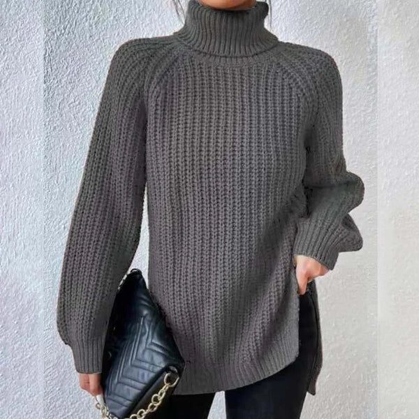 Women's Chunky Ribbed Turtleneck Jumper with Side Splits, Dark Grey, view 4