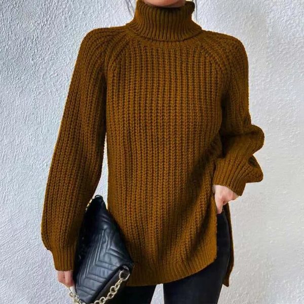 Women's Chunky Ribbed Turtleneck Jumper with Side Splits, Camel, view 5