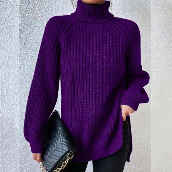 Women's Chunky Ribbed Turtleneck Jumper with Side Splits, Purple, view 6