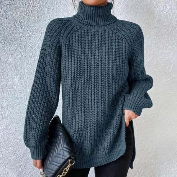 Women's Chunky Ribbed Turtleneck Jumper with Side Splits, Dust Blue, view 7