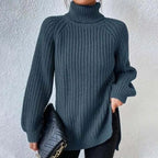 Women's Chunky Ribbed Turtleneck Jumper with Side Splits, Dust Blue, view 7