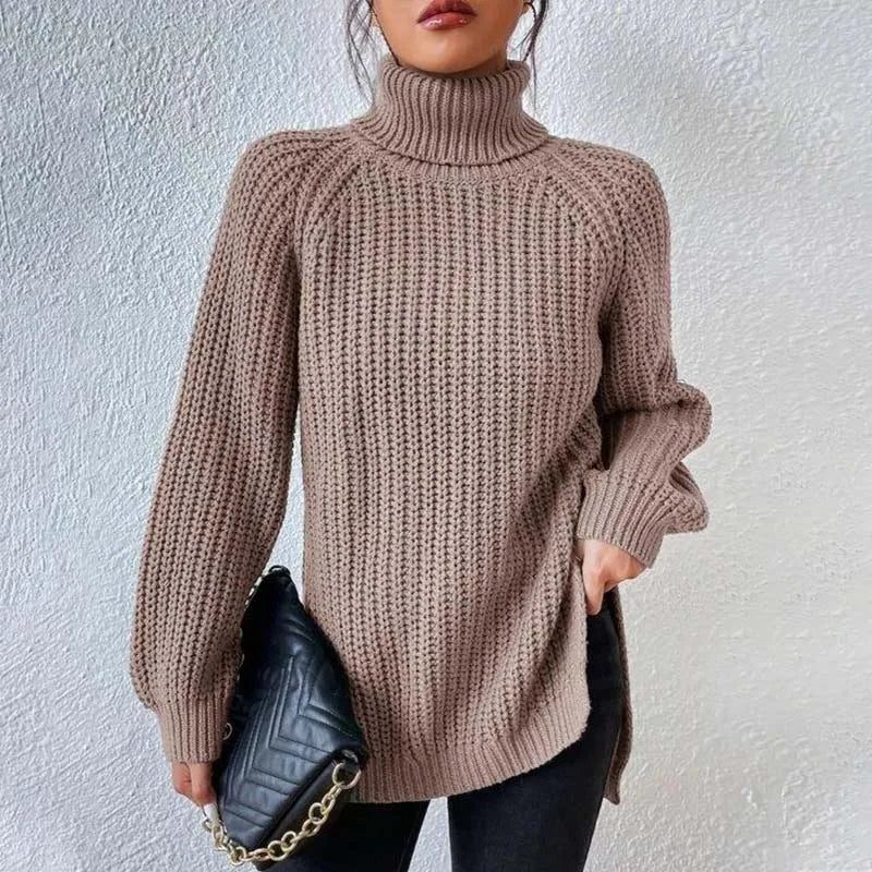 Women's Chunky Ribbed Turtleneck Jumper with Side Splits, Khaki, view 8
