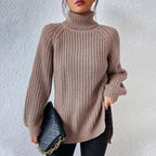 Women's Chunky Ribbed Turtleneck Jumper with Side Splits, Khaki, view 8