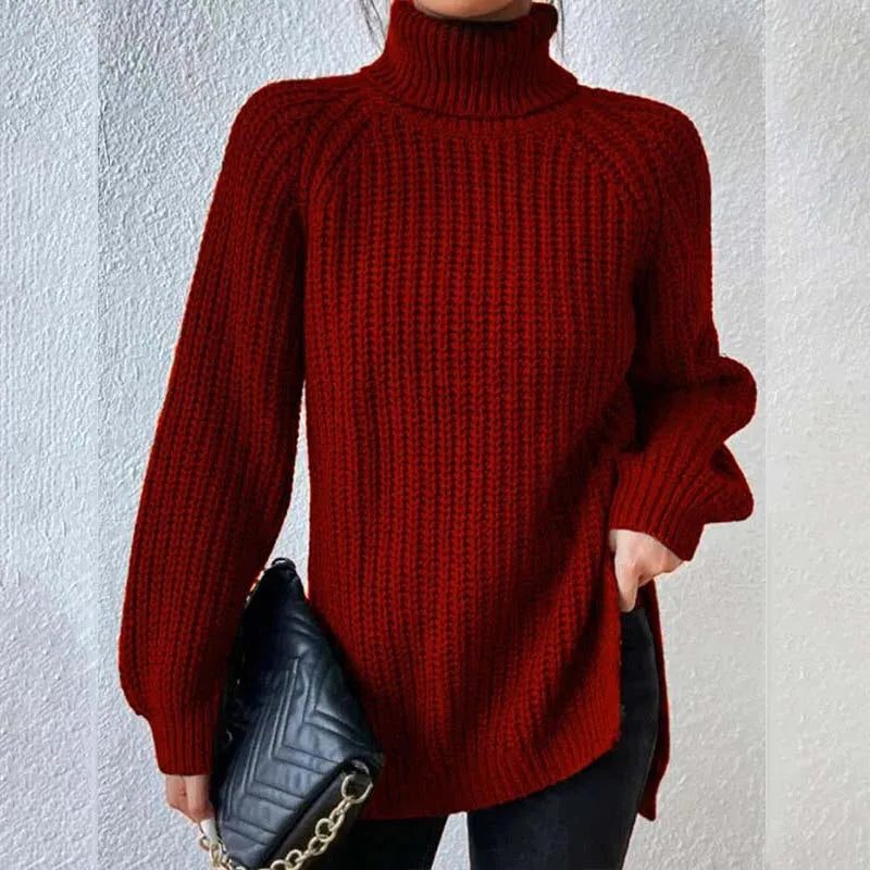 Women's Chunky Ribbed Turtleneck Jumper with Side Splits, Wine Red, view 9