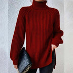 Women's Chunky Ribbed Turtleneck Jumper with Side Splits, Wine Red, view 9