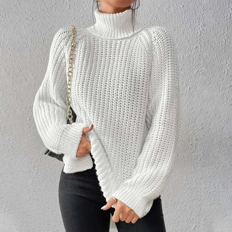 Women's Chunky Ribbed Turtleneck Jumper with Side Splits, White, view 10