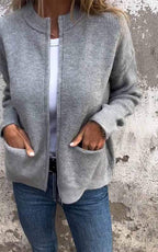 Women's Chunky Zip-Up Knit Cardigan with Front Pockets, Grey, view 1