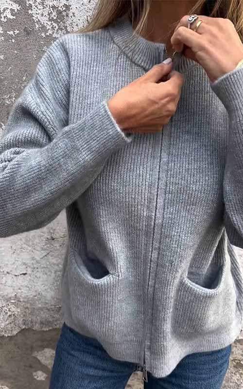 Women's Chunky Zip-Up Knit Cardigan with Front Pockets, view 2