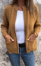 Women's Chunky Zip-Up Knit Cardigan with Front Pockets, Brown, view 6