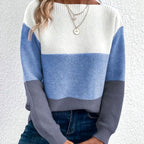 Women's Colour Block Boat Neck Ribbed Knit Jumper, Blue, view 1