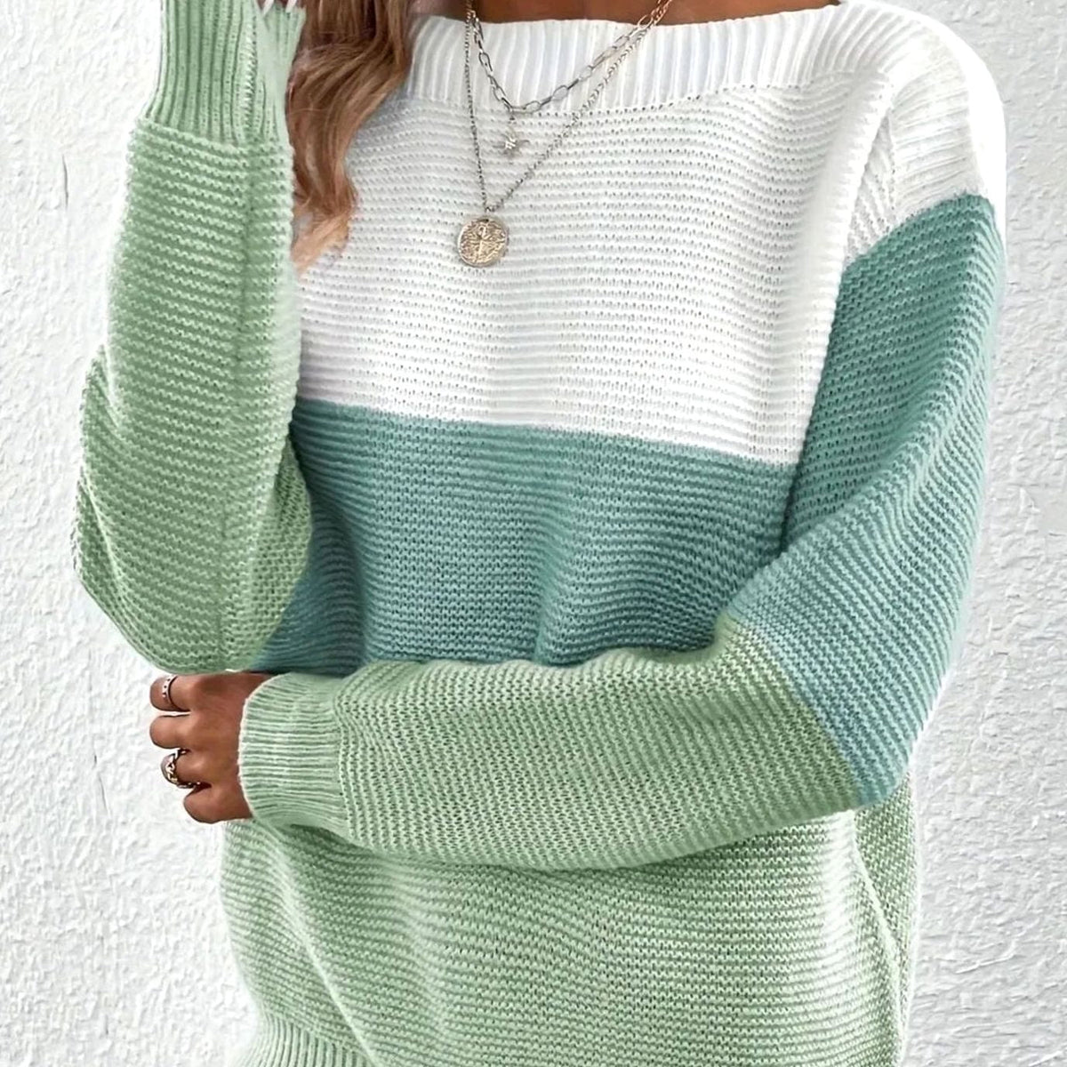 Women's Colour Block Boat Neck Ribbed Knit Jumper, Green, view 3