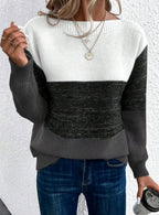 Women's Colour Block Boat Neck Ribbed Knit Jumper, Black, view 4