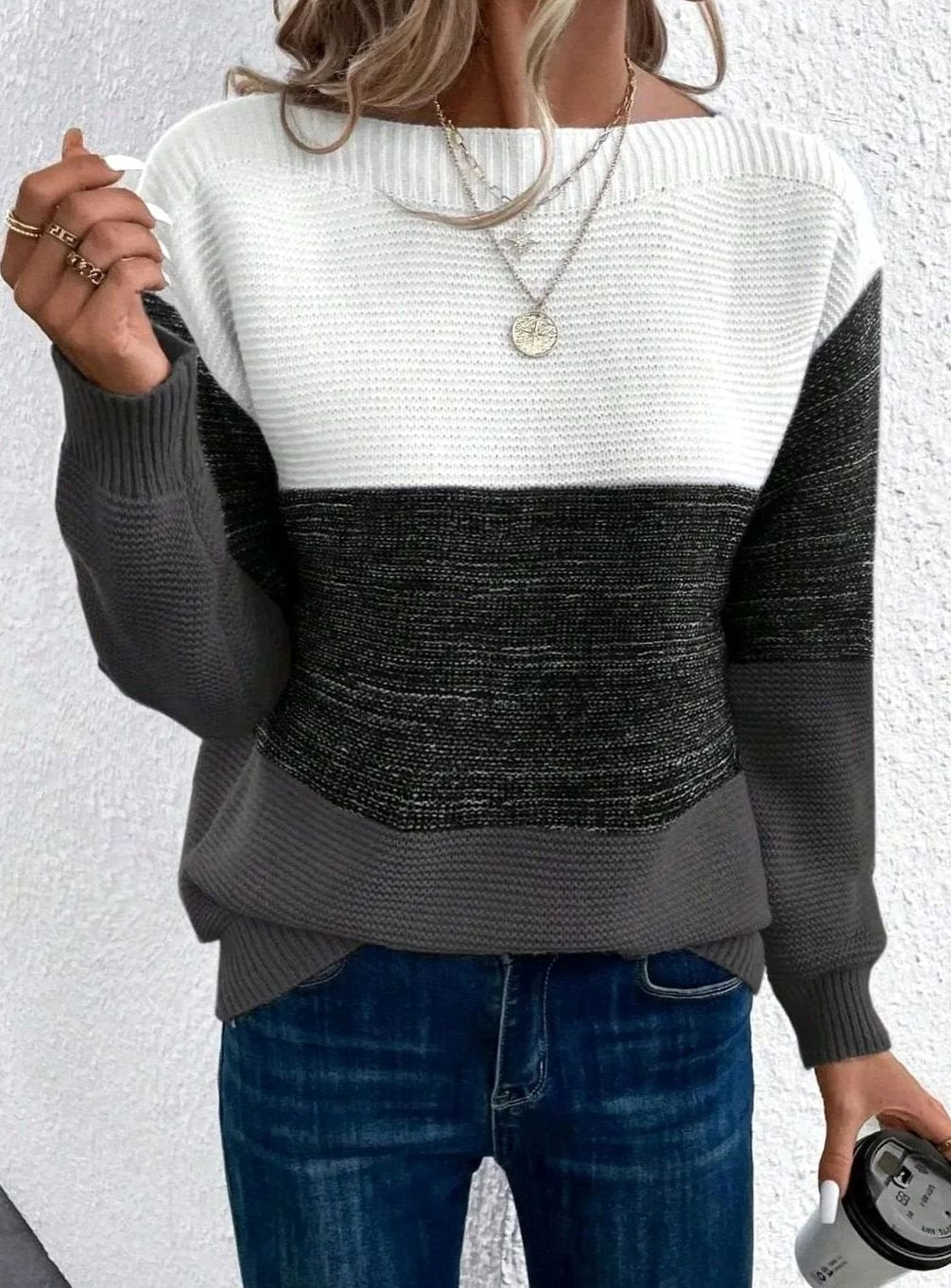 Women's Colour Block Boat Neck Ribbed Knit Jumper, Black, view 4