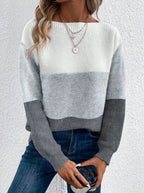 Women's Colour Block Boat Neck Ribbed Knit Jumper, Light Grey, view 5