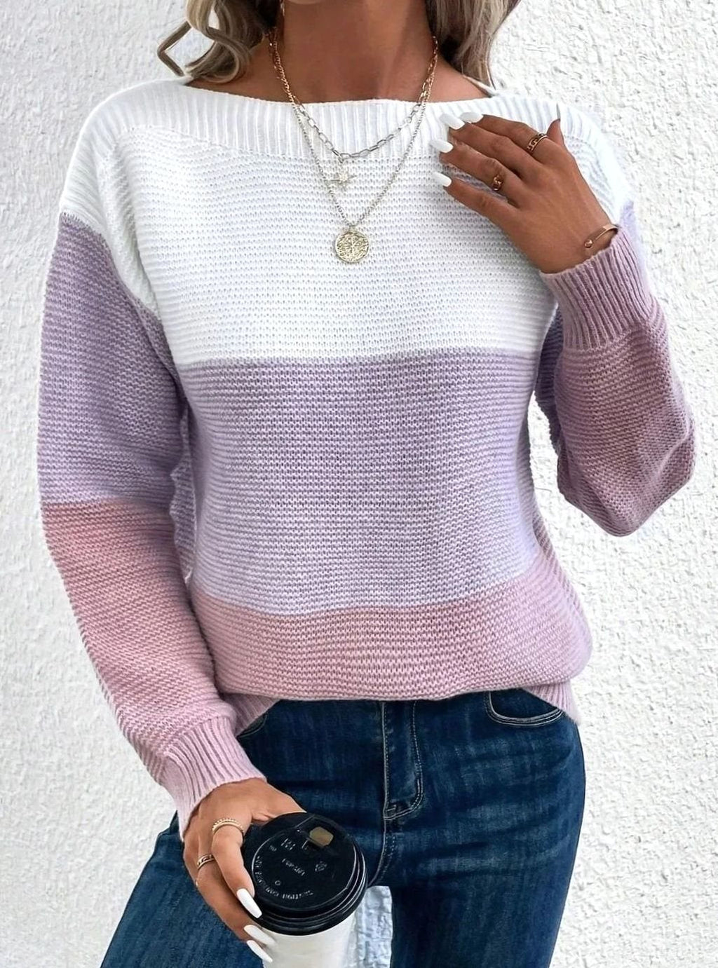 Women's Colour Block Boat Neck Ribbed Knit Jumper, Purple, view 7
