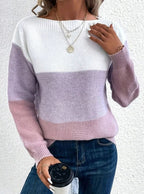Women's Colour Block Boat Neck Ribbed Knit Jumper, Purple, view 7