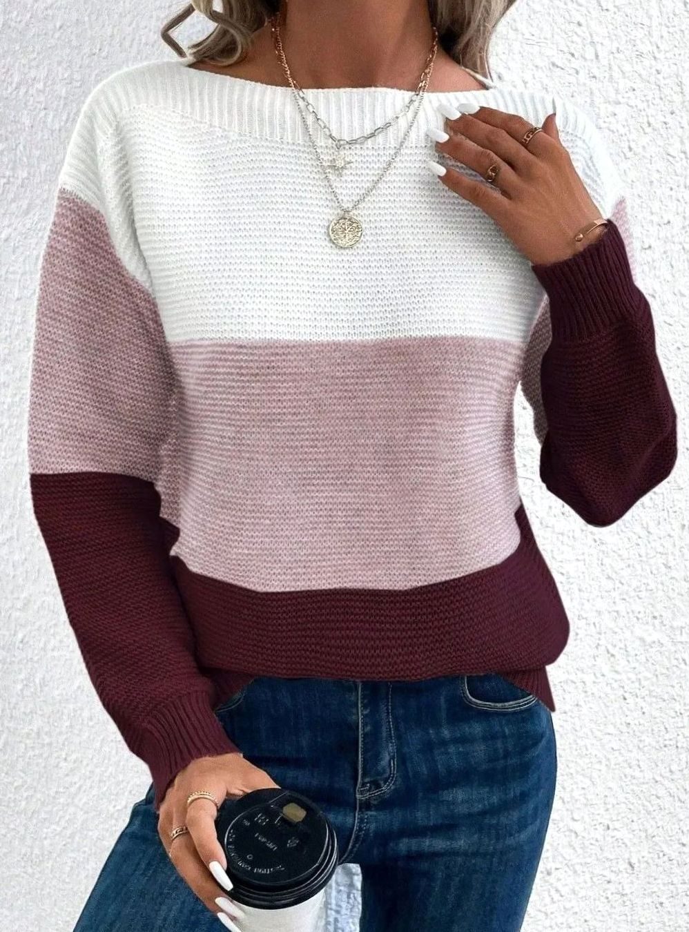 Women's Colour Block Boat Neck Ribbed Knit Jumper, Red, view 8