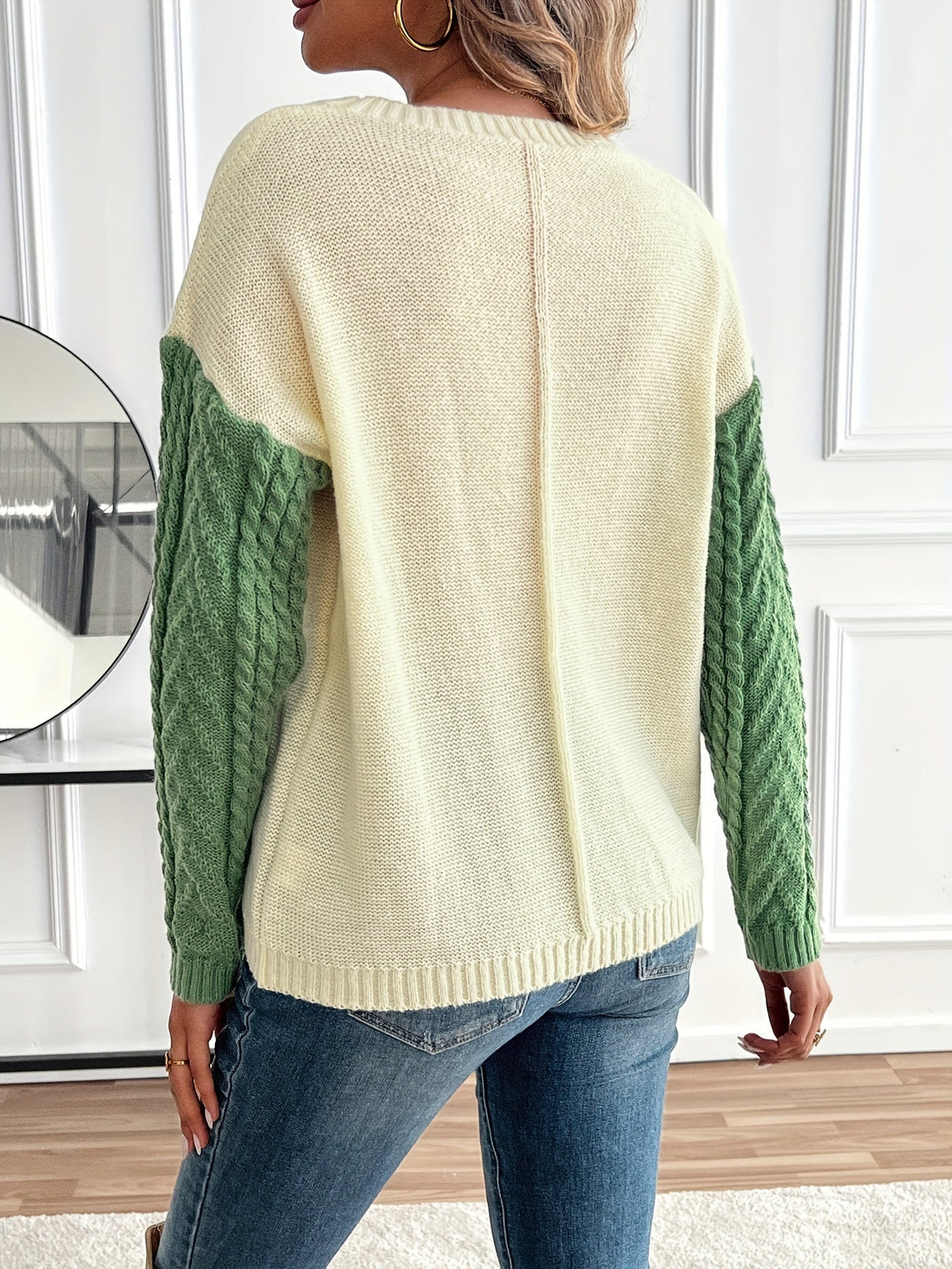 Women's Colour Block Cable Knit Jumper with Chest Pocket, view 2