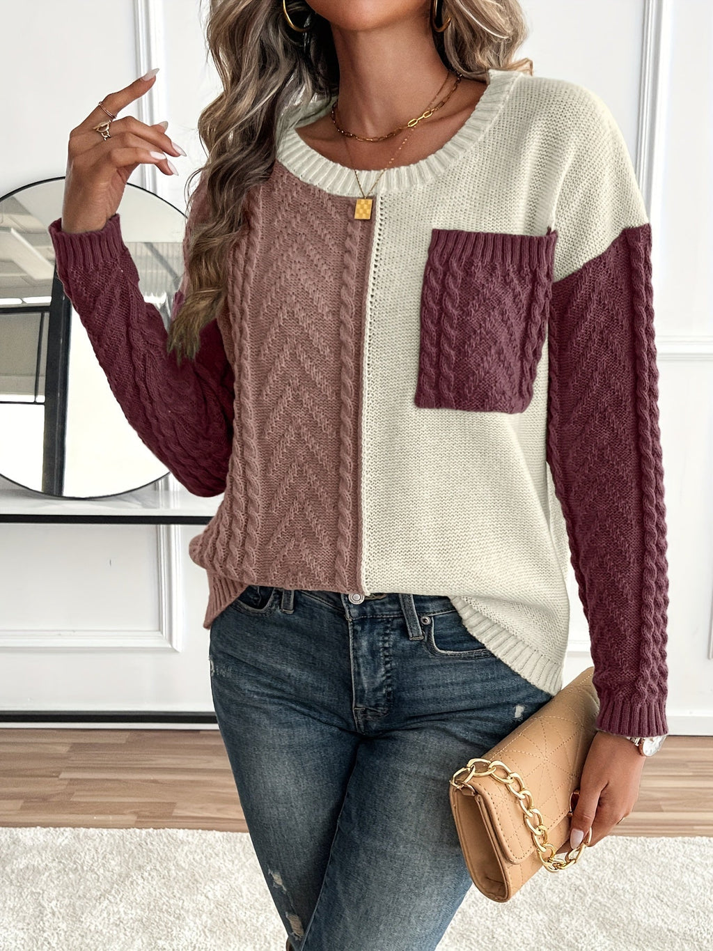 Women's Colour Block Cable Knit Jumper with Chest Pocket, Dark Purple, view 3