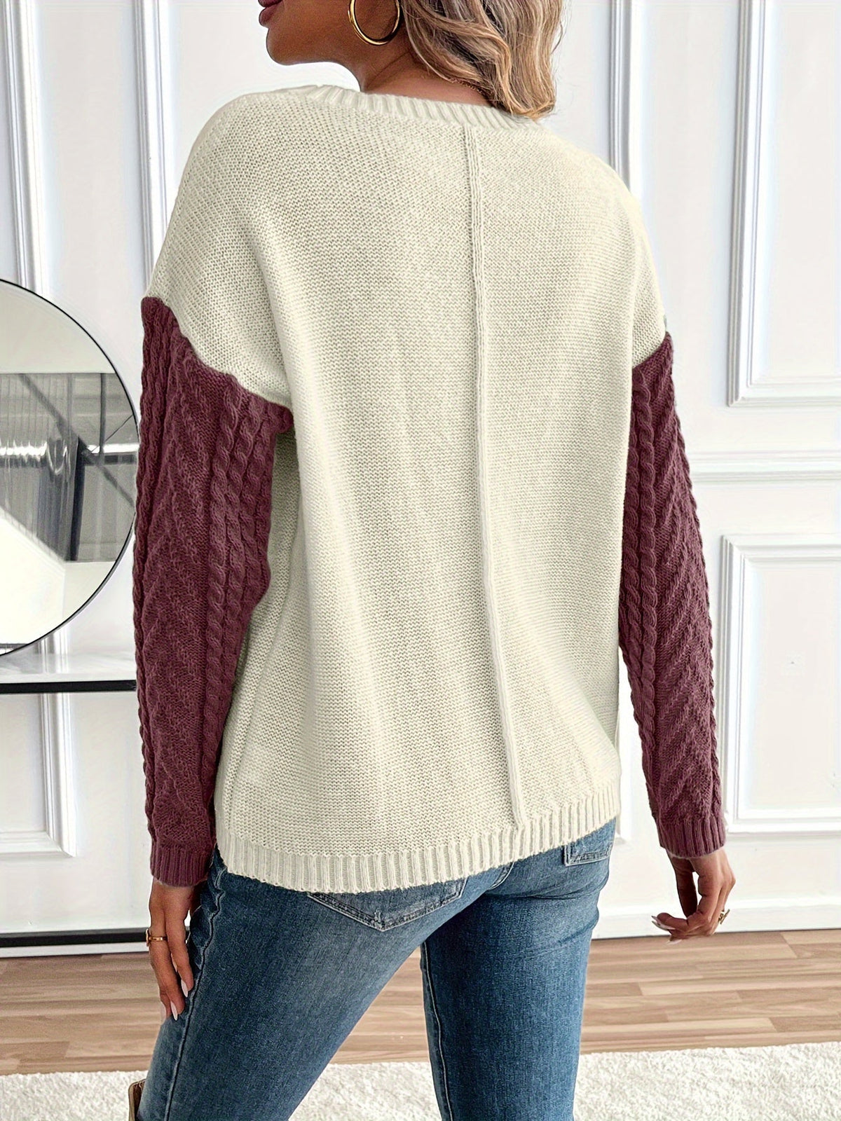 Women's Colour Block Cable Knit Jumper with Chest Pocket, view 4