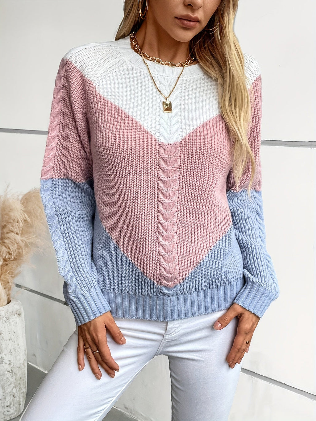 Women's Colour Block Cable Knit Jumper with Chevron Panel, Pink, view 1