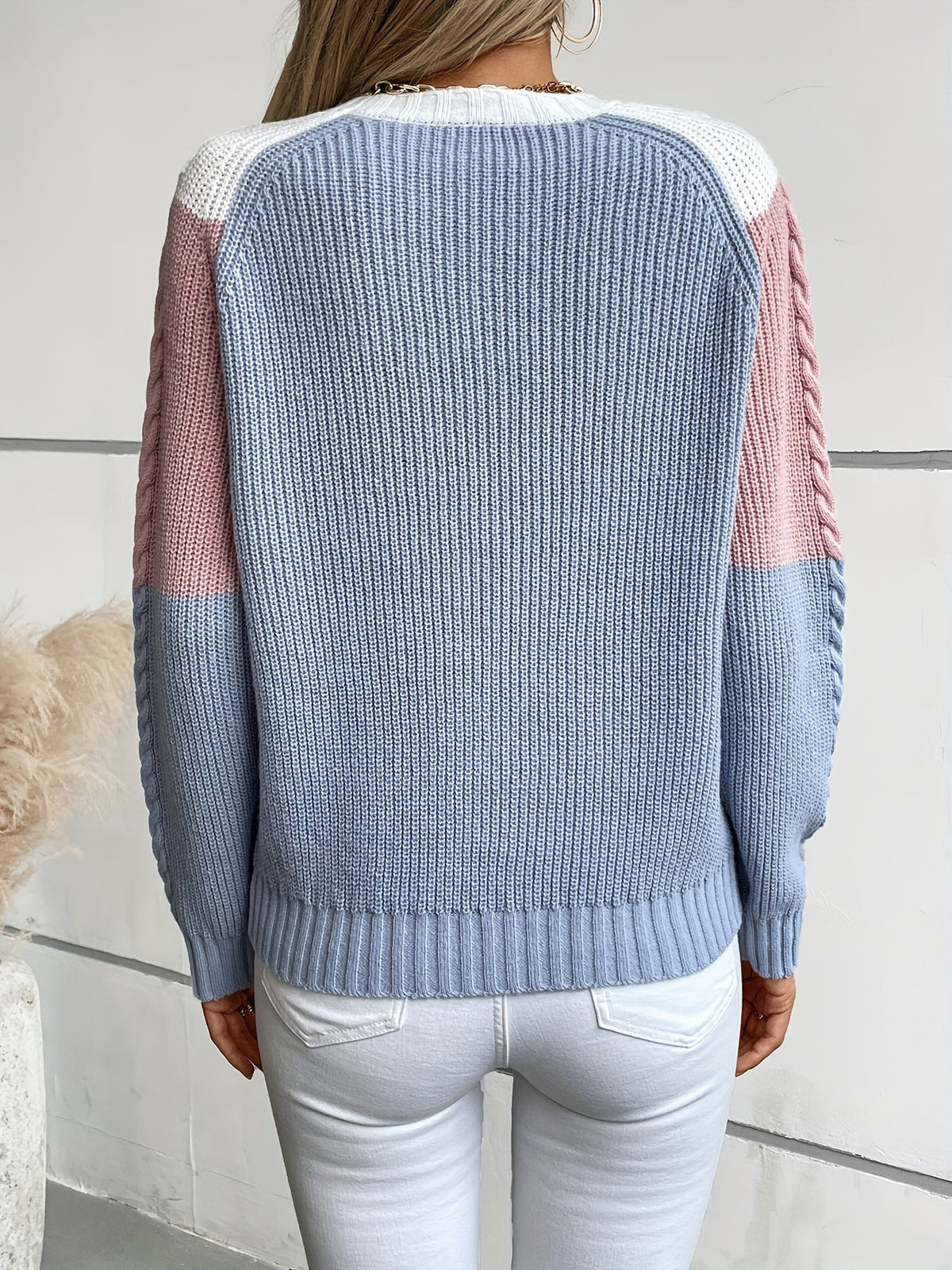 Women's Colour Block Cable Knit Jumper with Chevron Panel, view 2