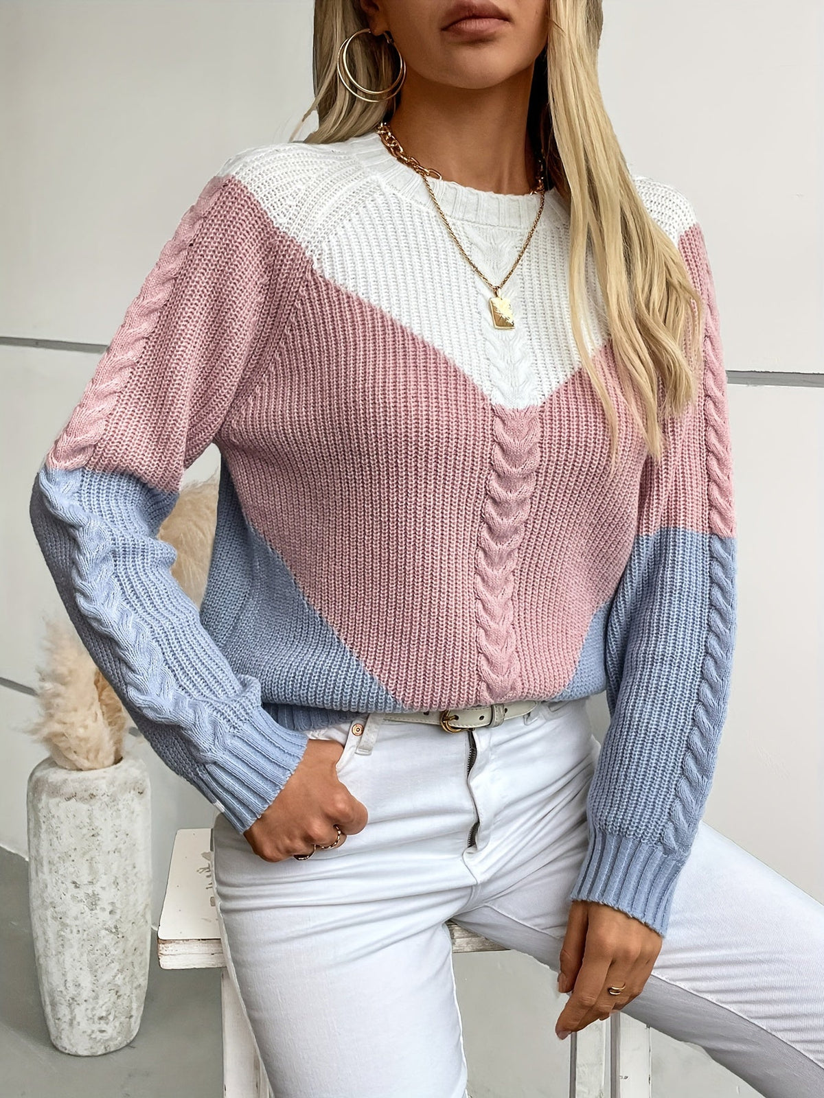 Women's Colour Block Cable Knit Jumper with Chevron Panel, view 3