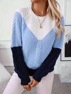 Women's Colour Block Cable Knit Jumper with Chevron Panel, Blue, view 5