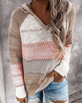 Women's Colour Block Hooded Knit Jumper with Open-Knit Rows, Dark Pink, view 1