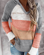 Women's Colour Block Hooded Knit Jumper with Open-Knit Rows, Orange, view 2