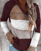 Women's Colour Block Hooded Knit Jumper with Open-Knit Rows, Burgundy, view 3